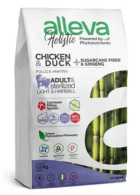 Alleva Holistic Cat Neutered сухой корм для кастрированных котов и стерилизованных кошек с курицей и уткой, волокнами сахарного тростника и женьшенем